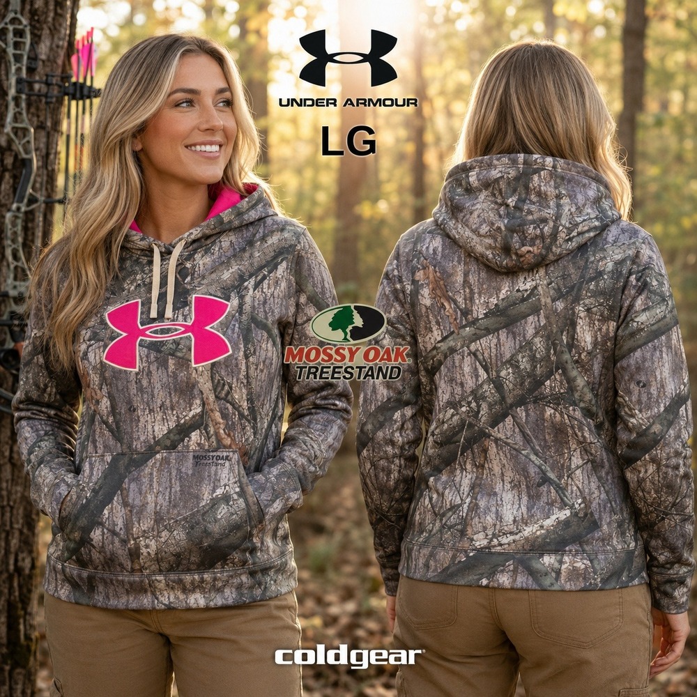 Under Armour Mossy Oak Treestand Camo Pink Logo ColdGear Hoodie 1265757 Large
